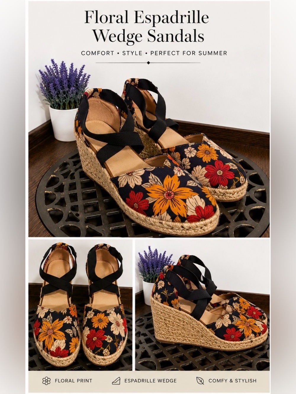 Floral Espadrille Wedge Sandals - Black Floral